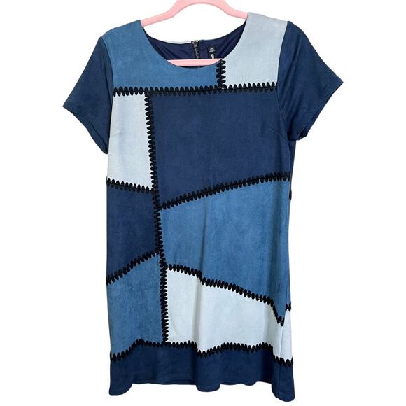 Design Lab Lord & Taylor blue faux suede patchwork pattern dress Med - Picture 1 of 4